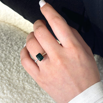 Olivia – Green Emerald Solitaire with Hidden Halo and Pavé Band