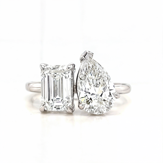 Dina – " 1ct Pear cut and 1ct Emerald cut " Toi et Moi Engagement Ring in 18k Gold with Plain Band (Ready)