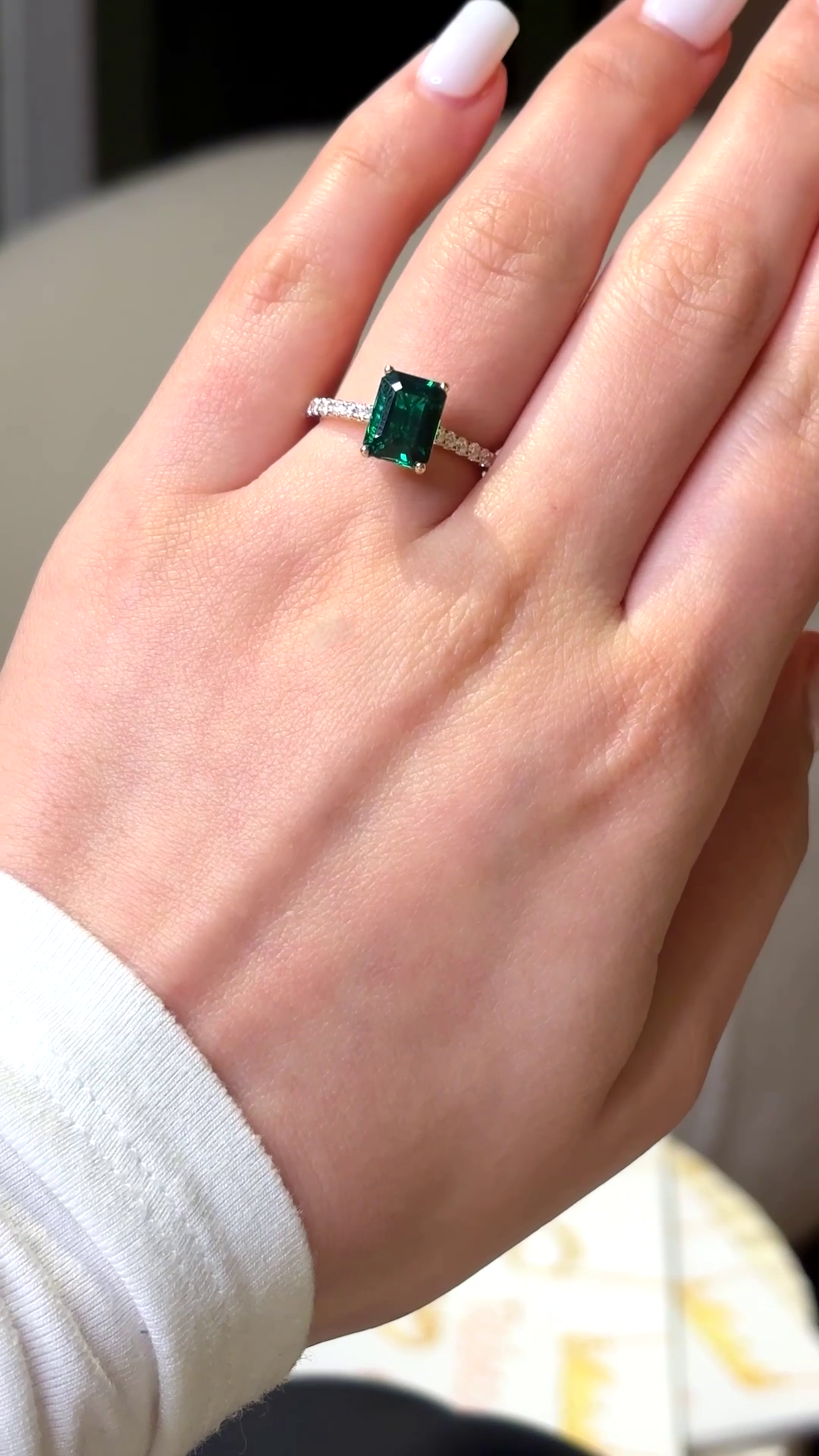 Olivia – Green Emerald Solitaire with Hidden Halo and Pavé Band