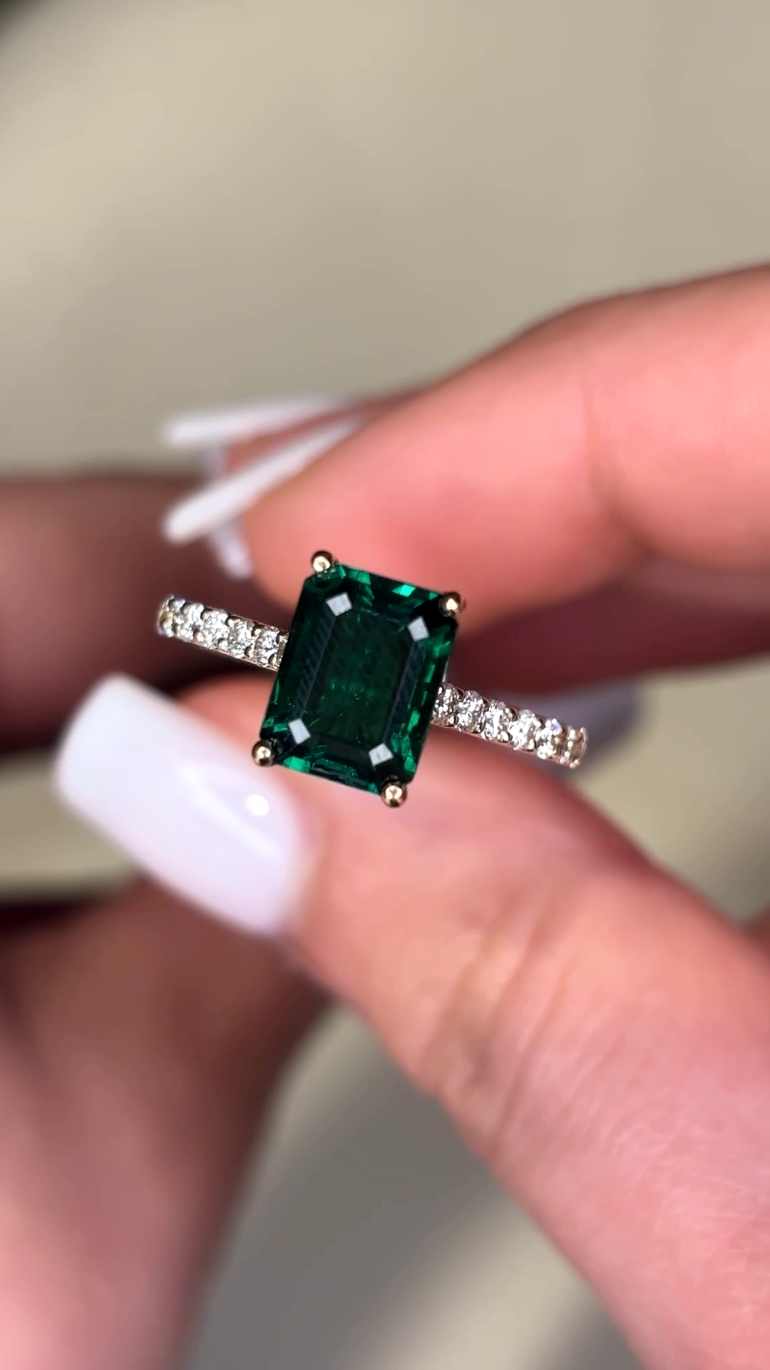 Olivia – Green Emerald Solitaire with Hidden Halo and Pavé Band